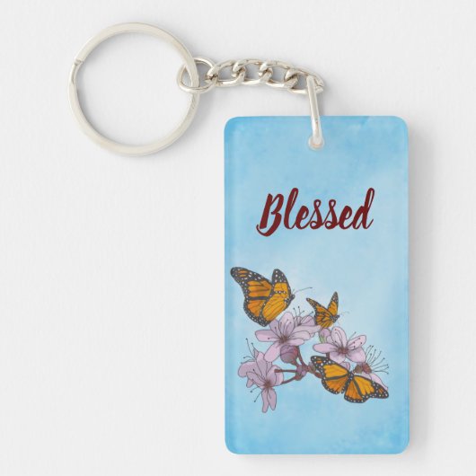 Vlinders en bloesems op blauwe achtergrond sleutelhanger (Voorkant)