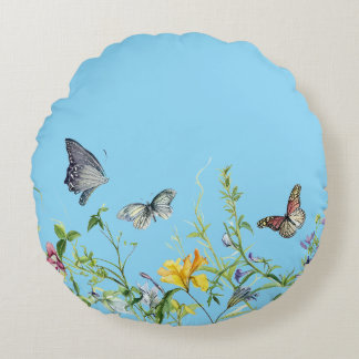 Vlinders en bloesems (ROZE BKGRD) Rond Kussen