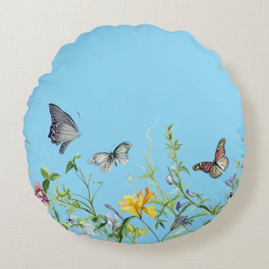 Vlinders en bloesems (ROZE BKGRD) Rond Kussen (Voorkant)
