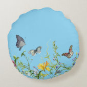 Vlinders en bloesems (ROZE BKGRD) Rond Kussen (Achterkant)