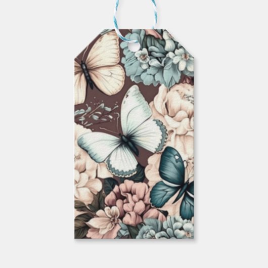 Vlinders en bruine bloemen cadeaulabel (Voorkant)