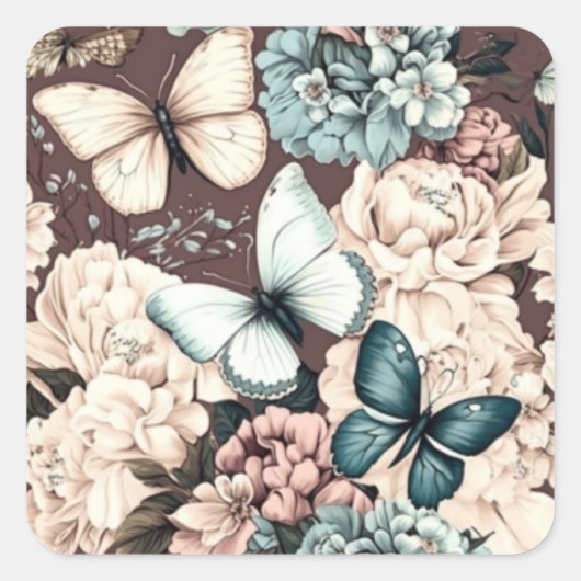Vlinders en bruine bloemen vierkante sticker (Voorkant)