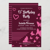 Vlinders en harten roze meisje 13e verjaardag kaart (Voorkant / Achterkant)