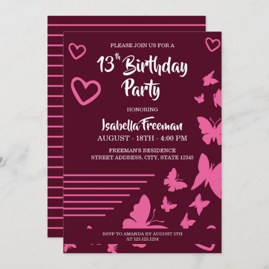 Vlinders en harten roze meisje 13e verjaardag kaart (Voorkant / Achterkant)