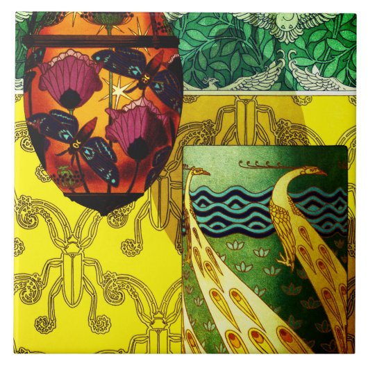 Vlinders en klaprozen en pauw keramische Tegel Tegeltje (Voorkant)