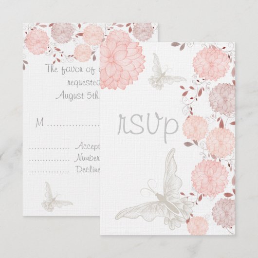 Vlinders en koraal Chrysanten RSVP Kaartje (Voorkant / Achterkant)