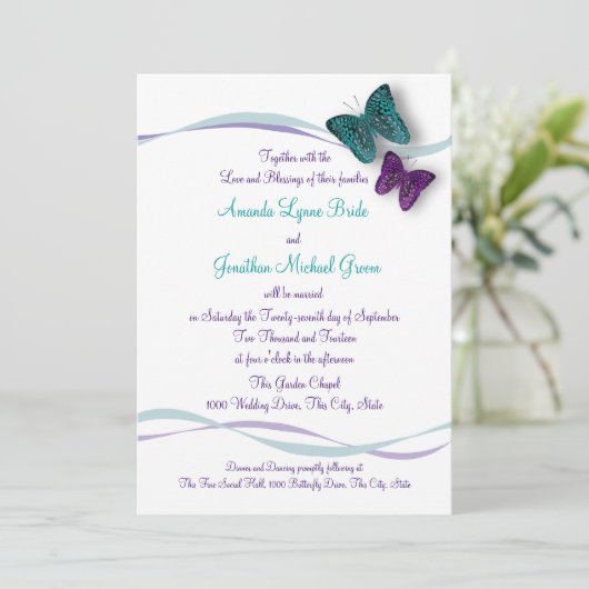 Vlinders en linten bruiloft kaart (Staand voorkant)