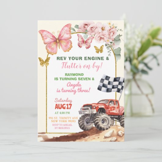 Vlinders en Monster Truck gezamenlijke verjaardag Kaart (Staand voorkant)
