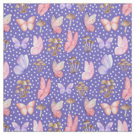 Vlinders en paddenstoelen op Iris Blue Stof