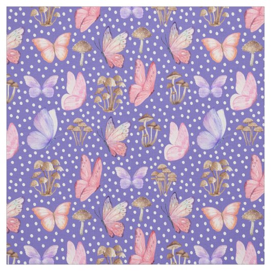 Vlinders en paddenstoelen op Iris Blue Stof (Swatch)