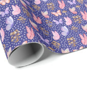 Vlinders en paddenstoelen op Royal Blue Cadeaupapier (Rol Hoek)