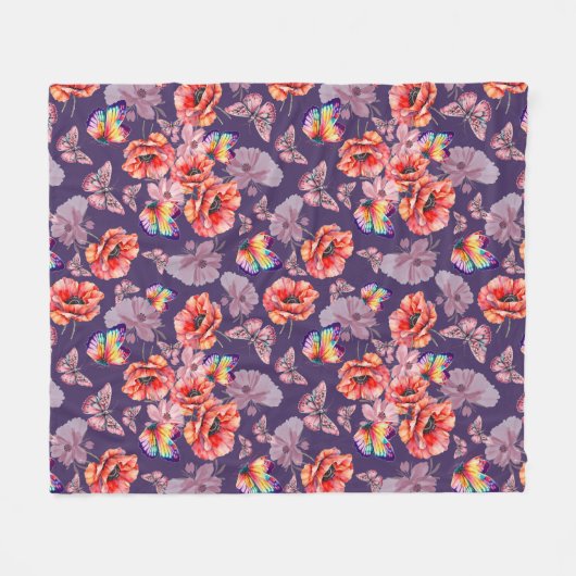 Vlinders en papaverbloemen fleece deken (Voorkant (Horizontaal))