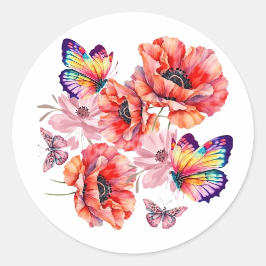 Vlinders en papaverbloemen ronde sticker (Voorkant)