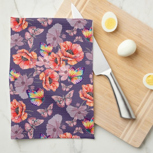 Vlinders en papaverbloemen theedoek (Quarter Fold)