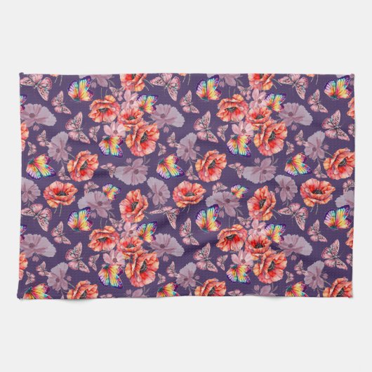 Vlinders en papaverbloemen theedoek (Horizontaal)