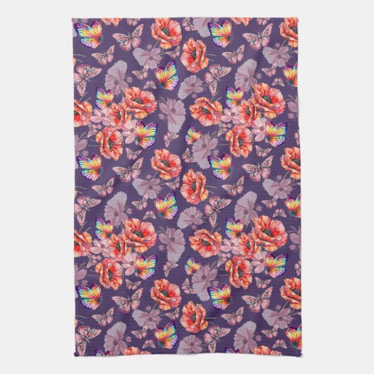 Vlinders en papaverbloemen theedoek (Verticaal)