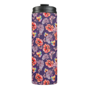 Vlinders en papaverbloemen thermosbeker