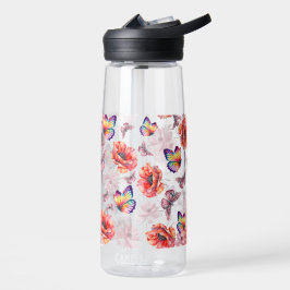 Vlinders en papaverbloemen waterfles