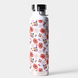 Vlinders en papaverbloemen waterfles