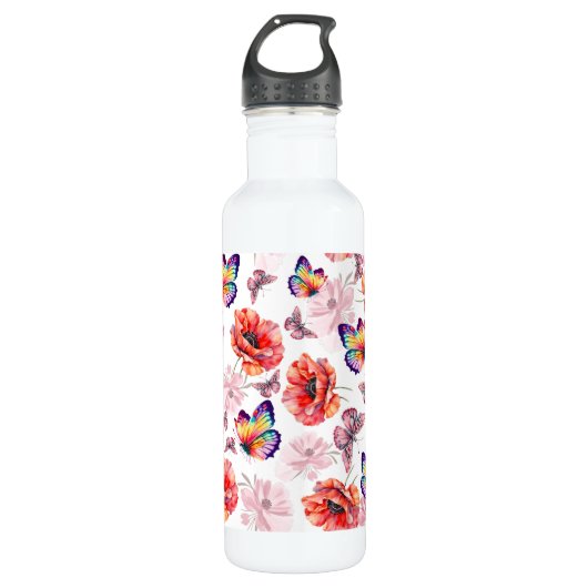 Vlinders en papaverbloemen waterfles  (Voorkant)