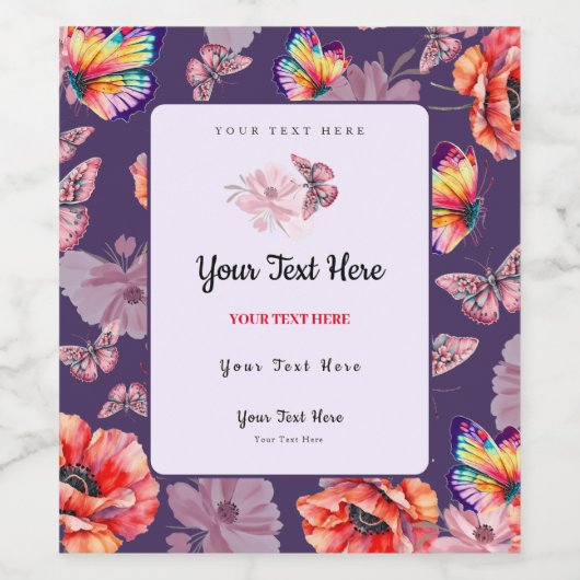 Vlinders en papaverbloemen wijn etiket (Enkel label)