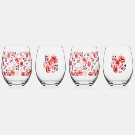 Vlinders en papaverbloemen wijnglas zonder voet (Voorkant)