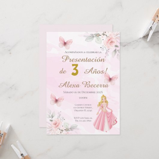 Vlinders en prinsessen 1e verjaardag in het Spaans Kaart (Voorkant / Achterkant in situ)