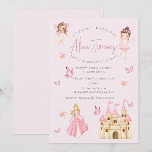 Vlinders en prinsessen 1e verjaardag in het Spaans Kaart (Voorkant / Achterkant)