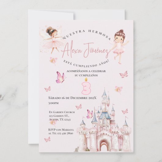 Vlinders en prinsessen 3e verjaardag in het Spaans Kaart (Voorkant)
