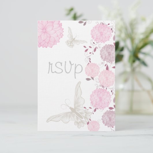 Vlinders en roze chrysanten RSVP Kaartje (Staand voorkant)