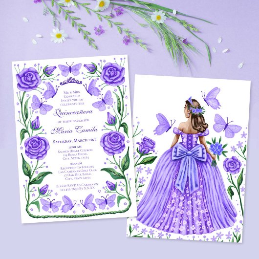 Vlinders en Rozen Lila Princess Quinceanera Kaart