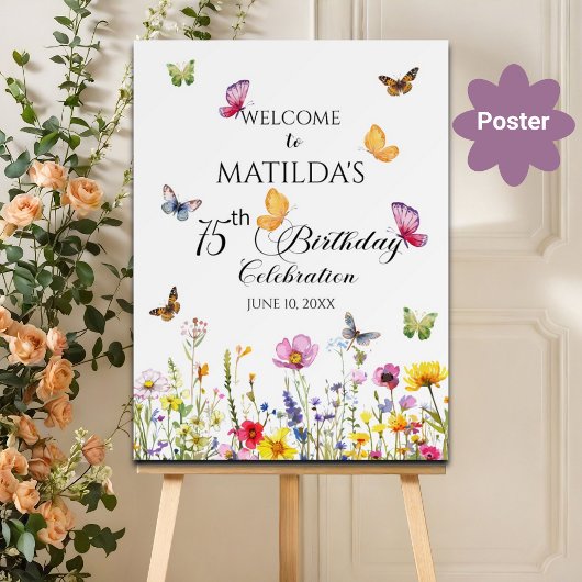 Vlinders en wilde bloemen 75e verjaardag welkom poster