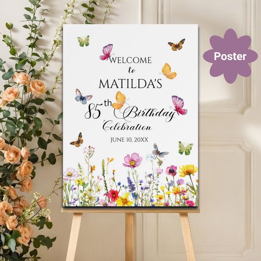 Vlinders en wilde bloemen 85e verjaardag welkom poster