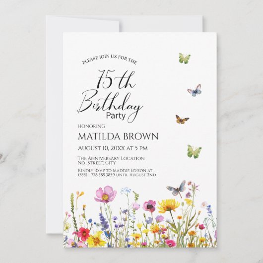 Vlinders en wilde bloemen Elegante 75e verjaardag Kaart (Voorkant)