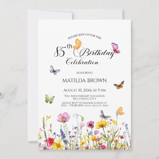 Vlinders en wilde bloemen Elegante 85ste verjaarda Kaart (Voorkant)