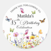 Vlinders en wilde bloemen Elegante 85ste verjaarda Ronde Sticker (Voorkant)