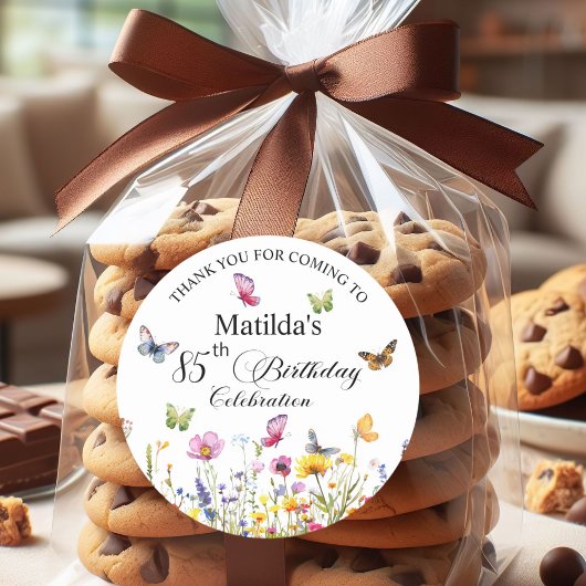 Vlinders en wilde bloemen Elegante 85ste verjaarda Ronde Sticker