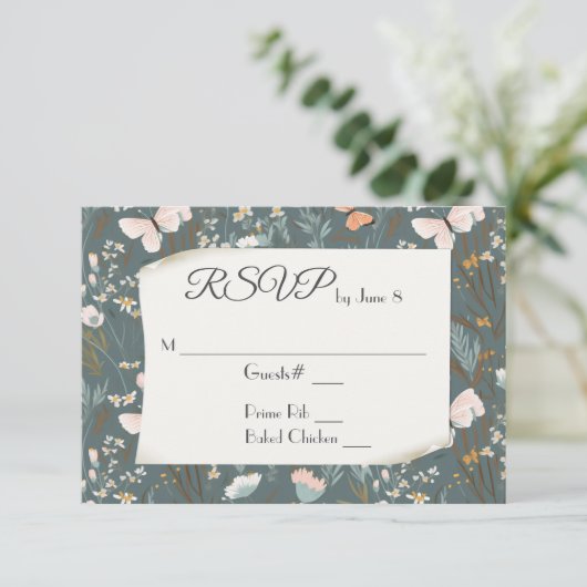 Vlinders en Wilde Bloemen voor Huwelijksreactie RSVP Kaartje (Staand voorkant)