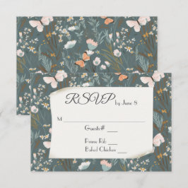 Vlinders en wilde bloemen voor trouw-RSVP RSVP Kaartje