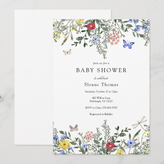 Vlinders en Wildflower Baby shower Kaart (Voorkant / Achterkant)