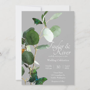 Vlinders & Eucalyptus Grijze Bruiloft Kaart