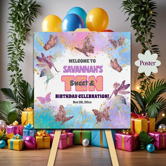Vlinders Fee Glitter 10e Verjaardag Welkom Poster