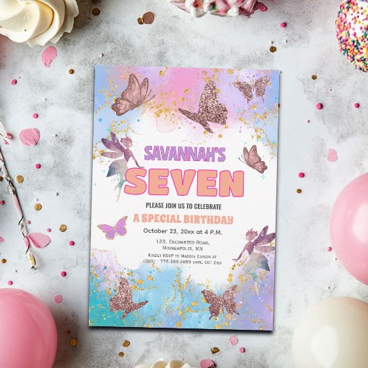 Vlinders Fee Goud Glitter 7e Verjaardagsfeestje Kaart