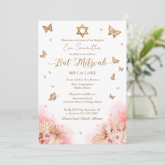 Vlinders Floral Gold Foil Bat Mitzvah Kaart (Staand voorkant)