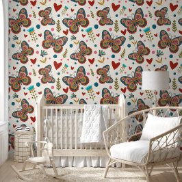 Vlinders Folk Hearts Floral Whimsical Pattern Behang