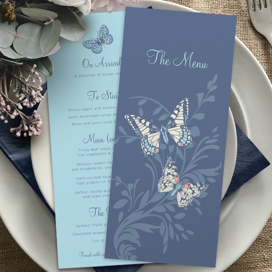 Vlinders hand geschetste grafische werveling blauw menu