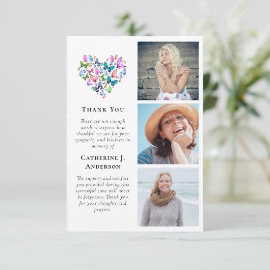 Vlinders Hart 3 Foto Sympathie Begrafenis Bedankkaart (Staand voorkant)