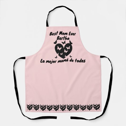 Vlinders & Hart Aangepaste naam, Tweetalig Roze Schort (Voorkant)