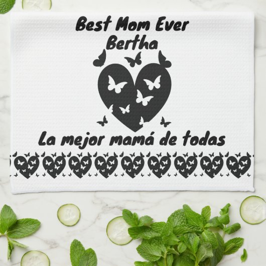 Vlinders & Hart Aangepaste Naam, Tweetalig Wit Theedoek (Gevouwen)