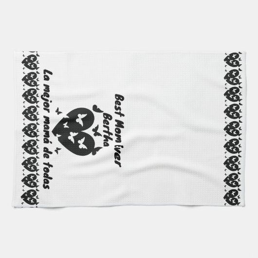 Vlinders & Hart Aangepaste Naam, Tweetalig Wit Theedoek (Horizontaal)